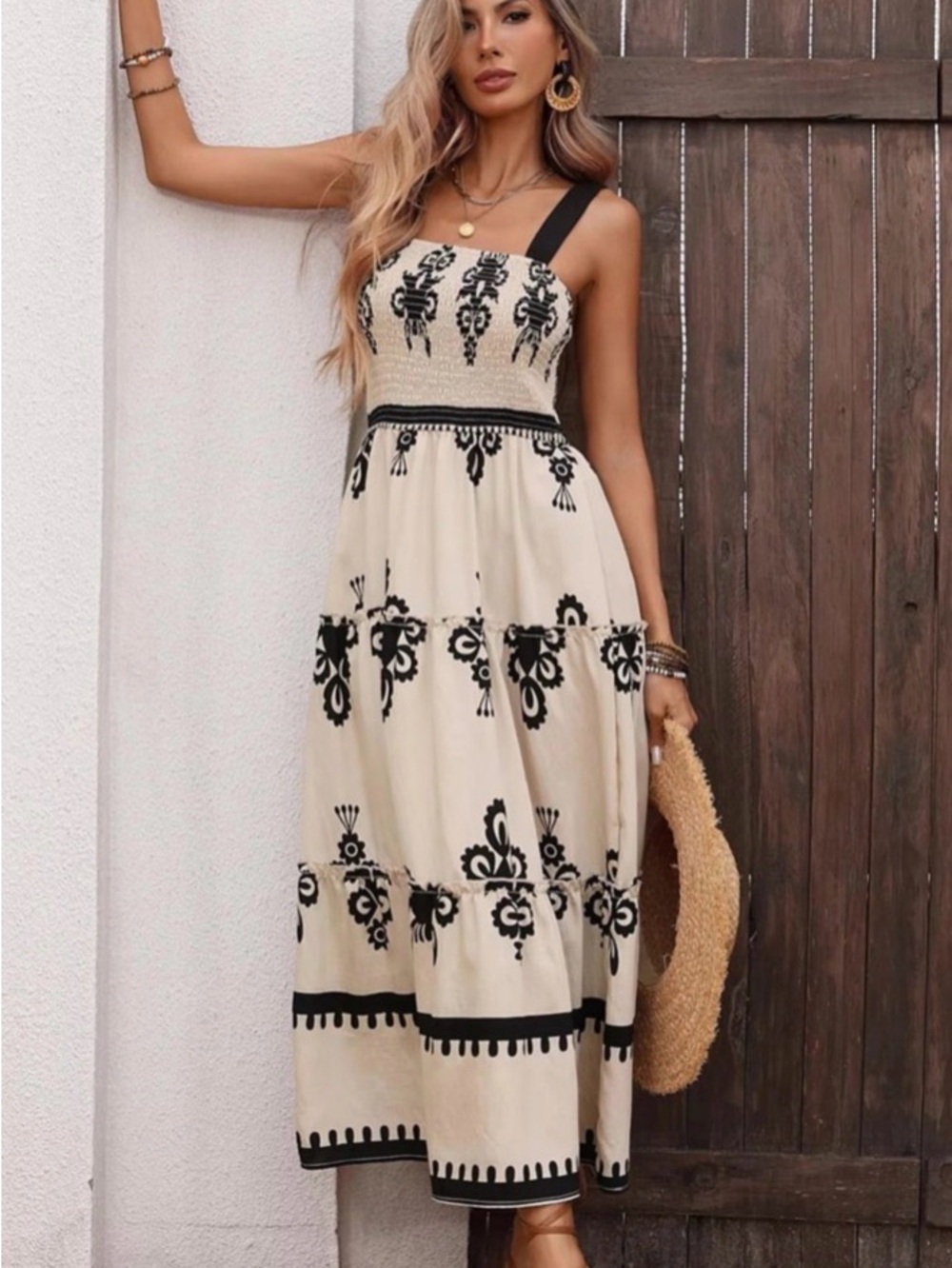 Women’s Embroidered Cream Maxi Dress with Black Accents